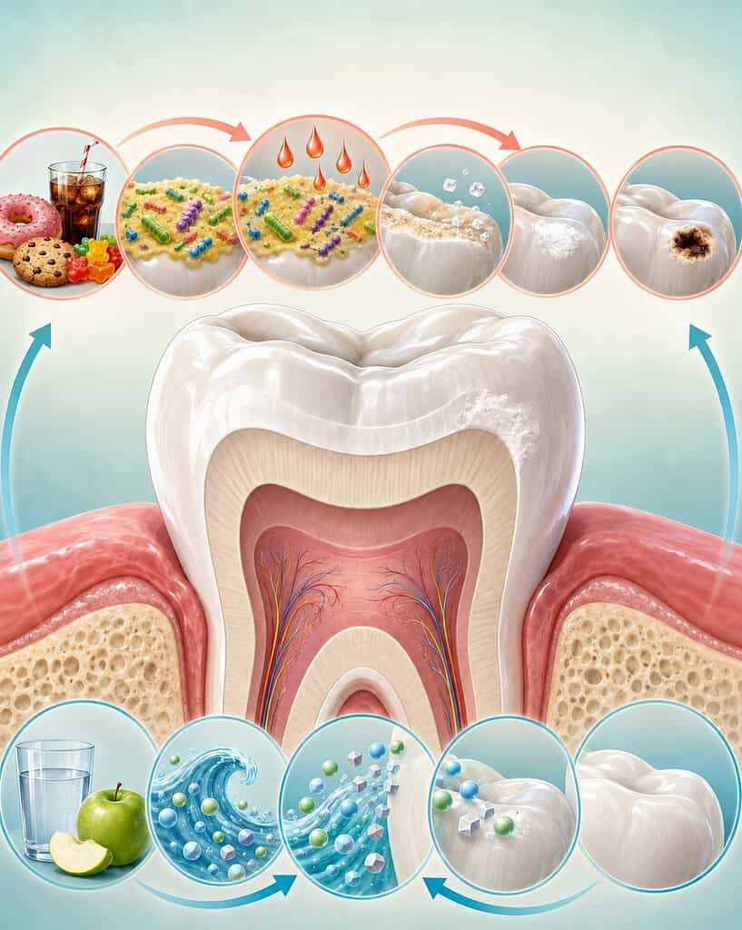 Educazione alimentare e salute orale 4 come si genera la carie, dieta sbagliata ricca di zuccheri scarsa igiene crea una demineralizzazione che poi genera una carie