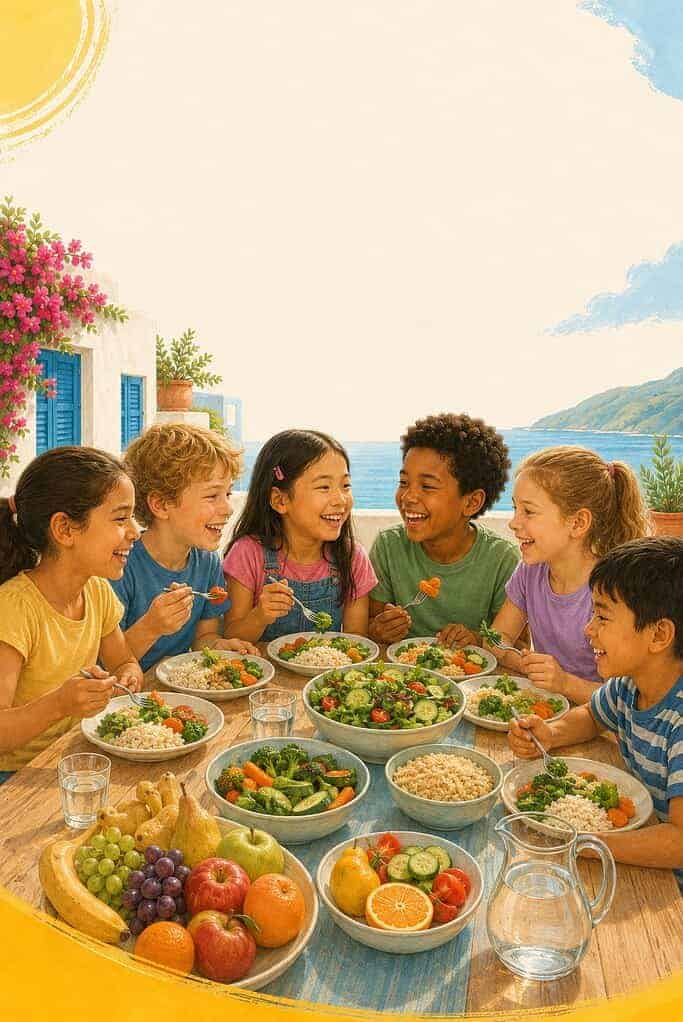 Educazione alimentare e salute orale 6 bambini a tavola che mangiano cibo sano