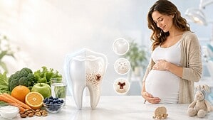 donn sin gravidanza con immagine di un dente con una carie, cibo sano dall'altra parte dell'immagine (frutta e verdura)